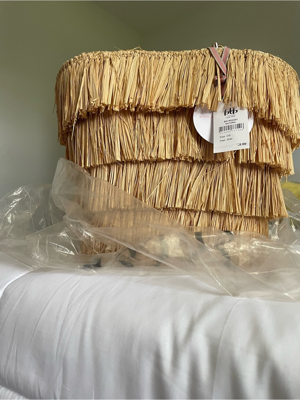 NWT Luna Fringe Raffia Tote Bag with Gold Pearl-Accent Handle in Natural - Picture 2 of 9